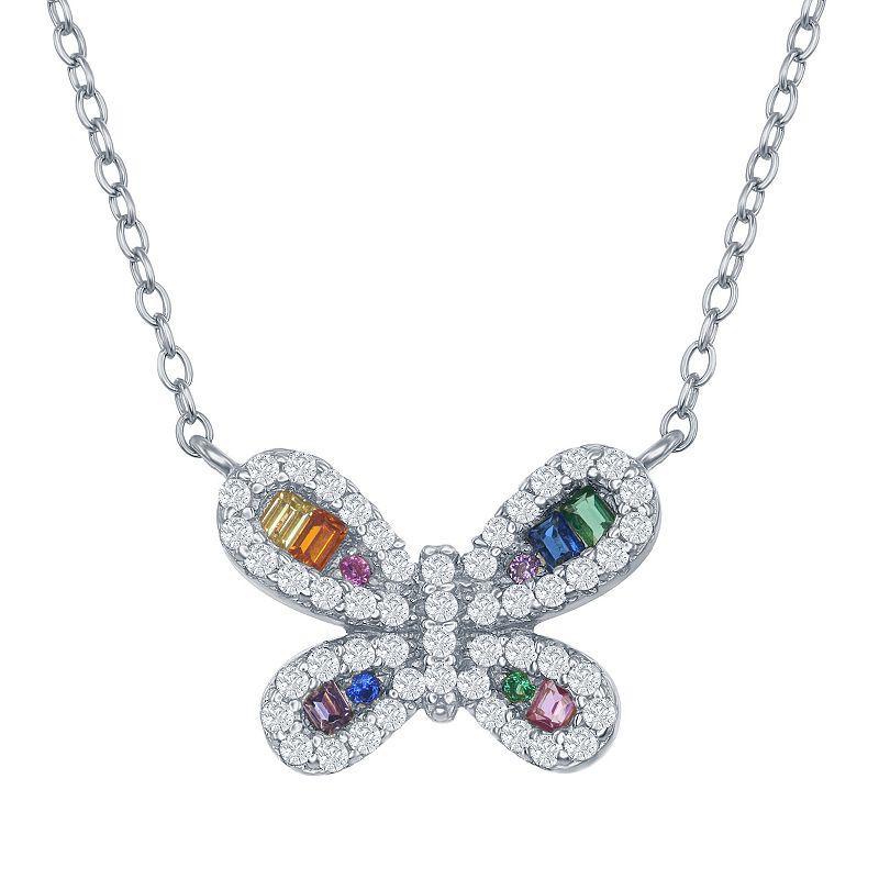 Sterling Silver Rainbow Cubic Zirconia Butterfly Necklace, Womens Product Image