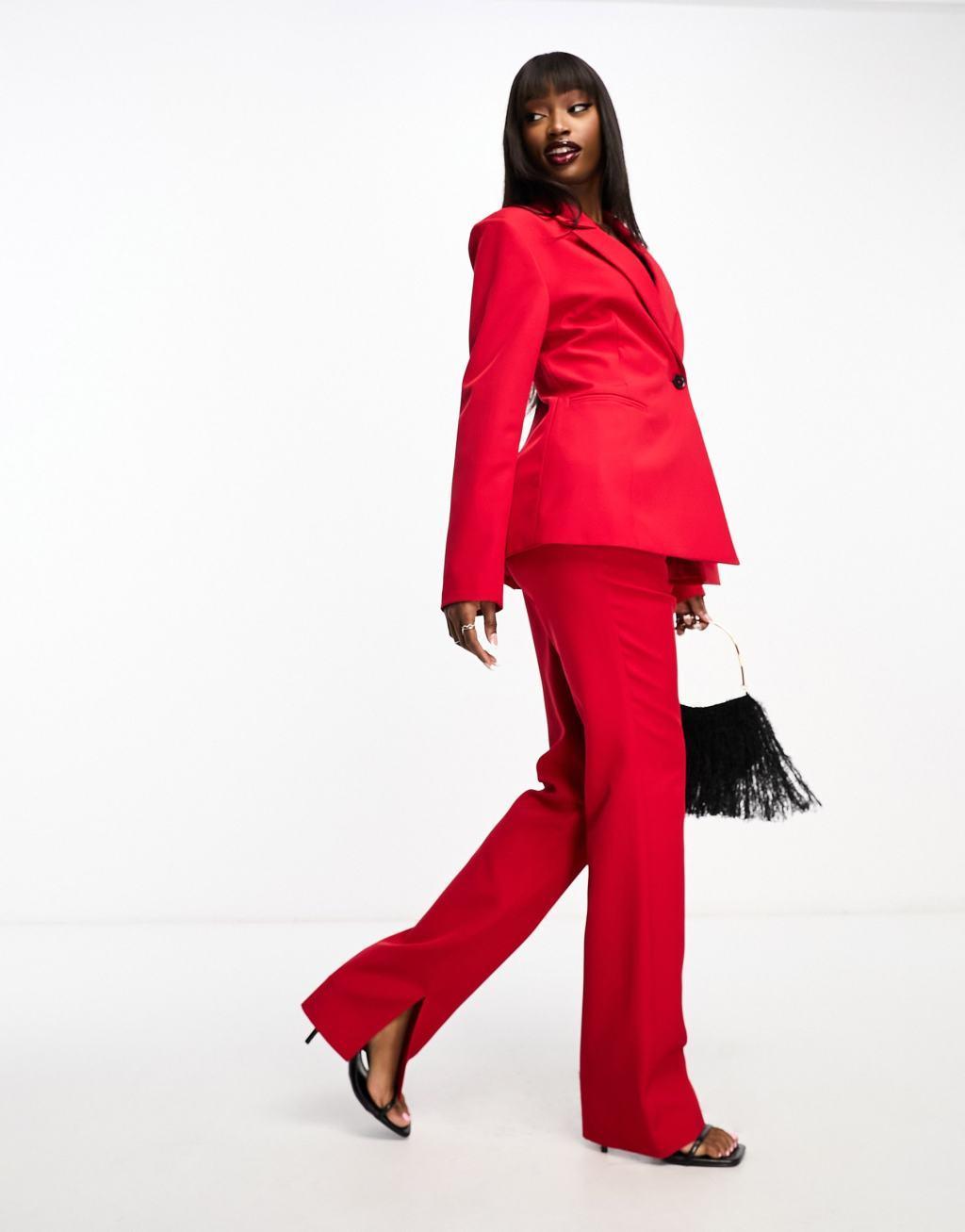 ASOS DESIGN straight leg tailored pants with split in red Product Image