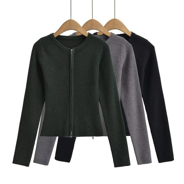 Round Neck Plain Zip Cardigan Product Image