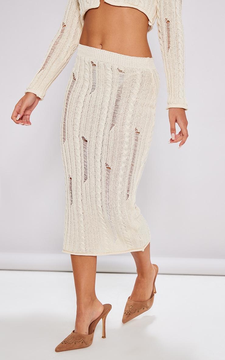 Petite Cream Distressed Cable Knit Midaxi Skirt Product Image