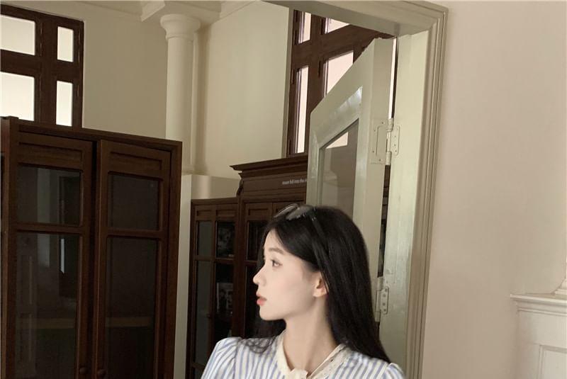 Long Sleeve Tie Neck Striped Panel Blouse Product Image