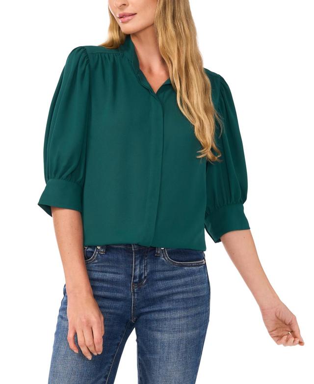 Women's Elbow Sleeve Collared Button Down Blouse Product Image