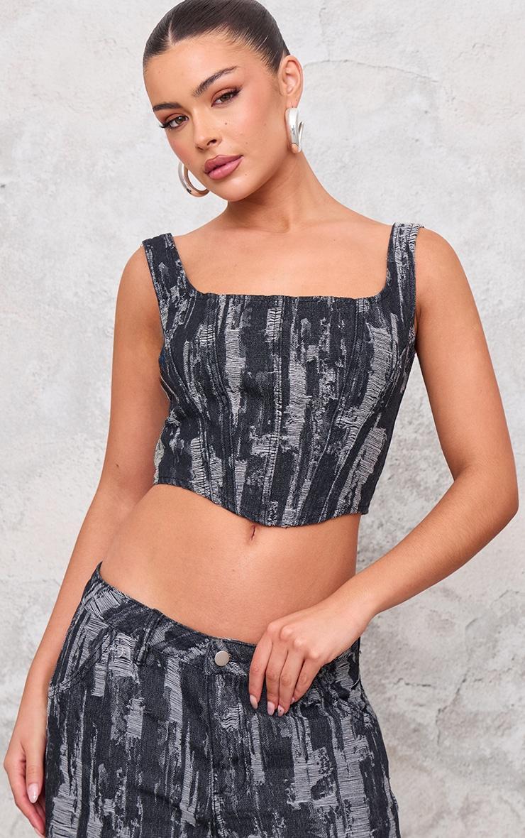 Black Jacquard Style Denim Corset Top Product Image