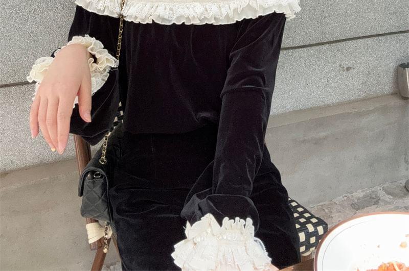 Long Sleeve Off Shoulder Two Tone Ruffle Panel Velvet Top / High Waist Mini A-Line Skirt Product Image