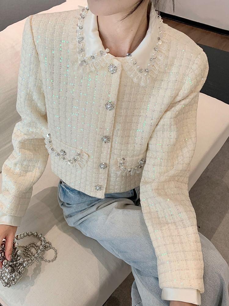 Collared Sequin Embellished Lace Trim Button-Up Tweed Crop Jacket Product Image