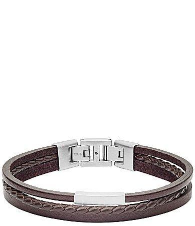 Fossil Mens Multi-Strand Silver-Tone Steel and Brown Leather Link Bracelet Product Image