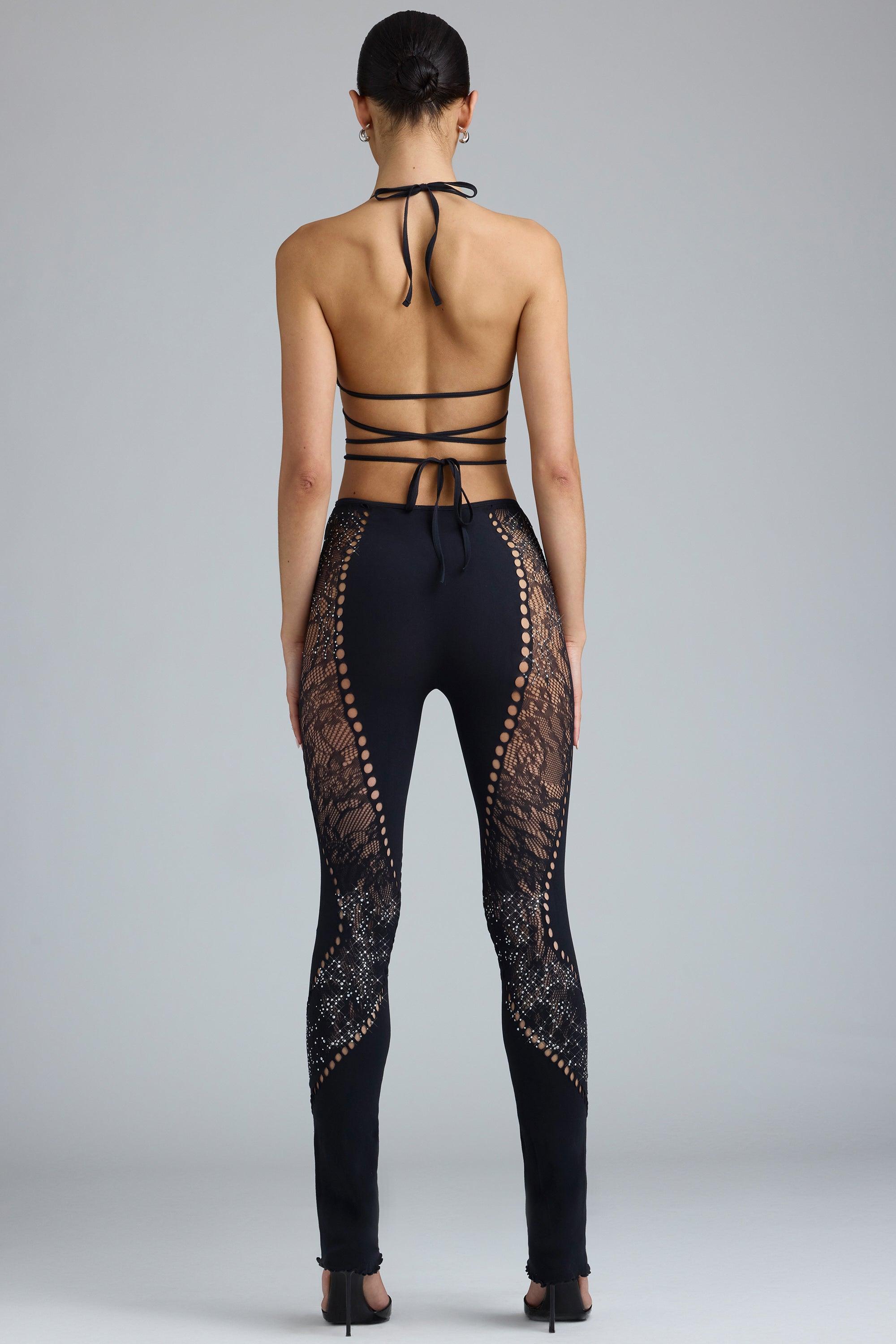 Embellished Mid-Rise Flared Trousers in Black Product Image