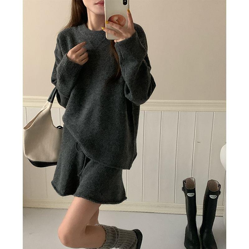 Set: Round Neck Plain Sweater + Drawstring Waist Knit Shorts Product Image