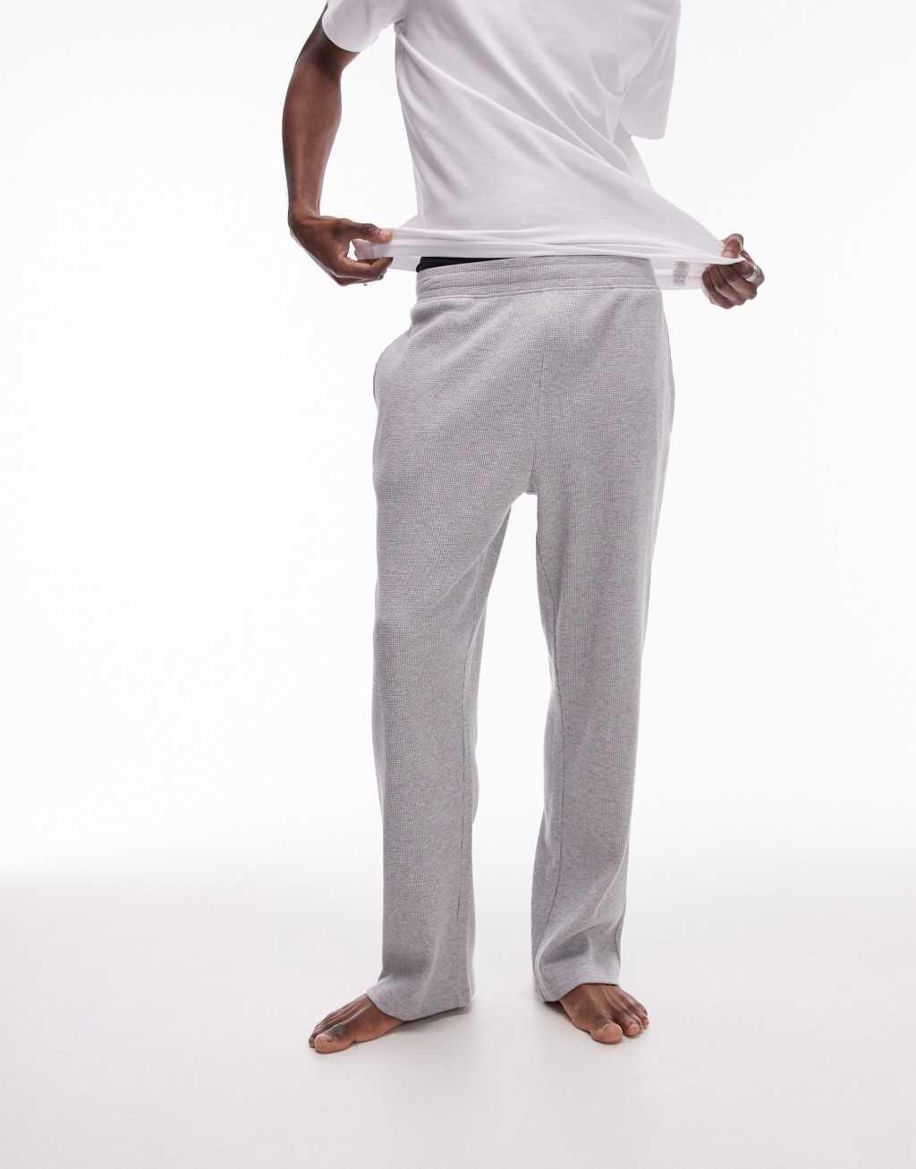 Topman lounge straight leg waffle sweatpants in light gray and plain white lounge t-shirt multipack Product Image