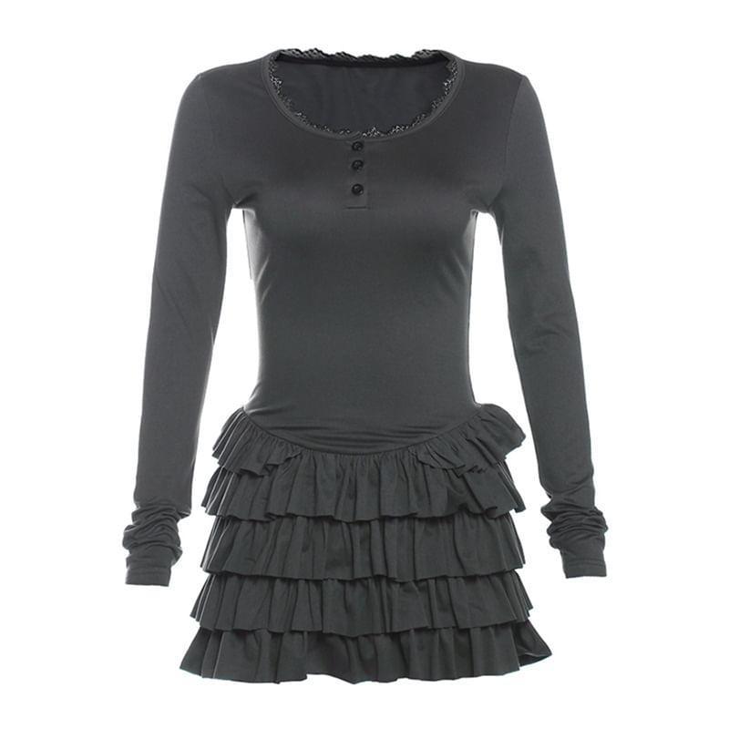 Long-Sleeve V-Neck Plain Mini Tiered Dress Product Image