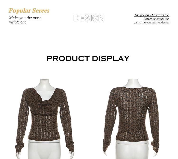 Long-Sleeve Cowl Neck Leopard Print Tee Product Image