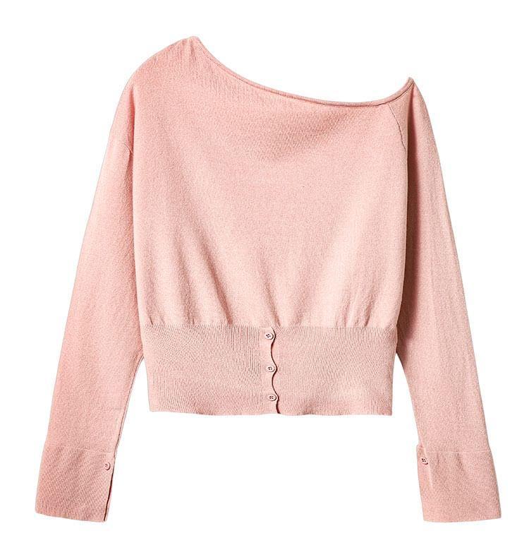 Long-Sleeve Asymmetrical Neck Button Hem Knit Top Product Image