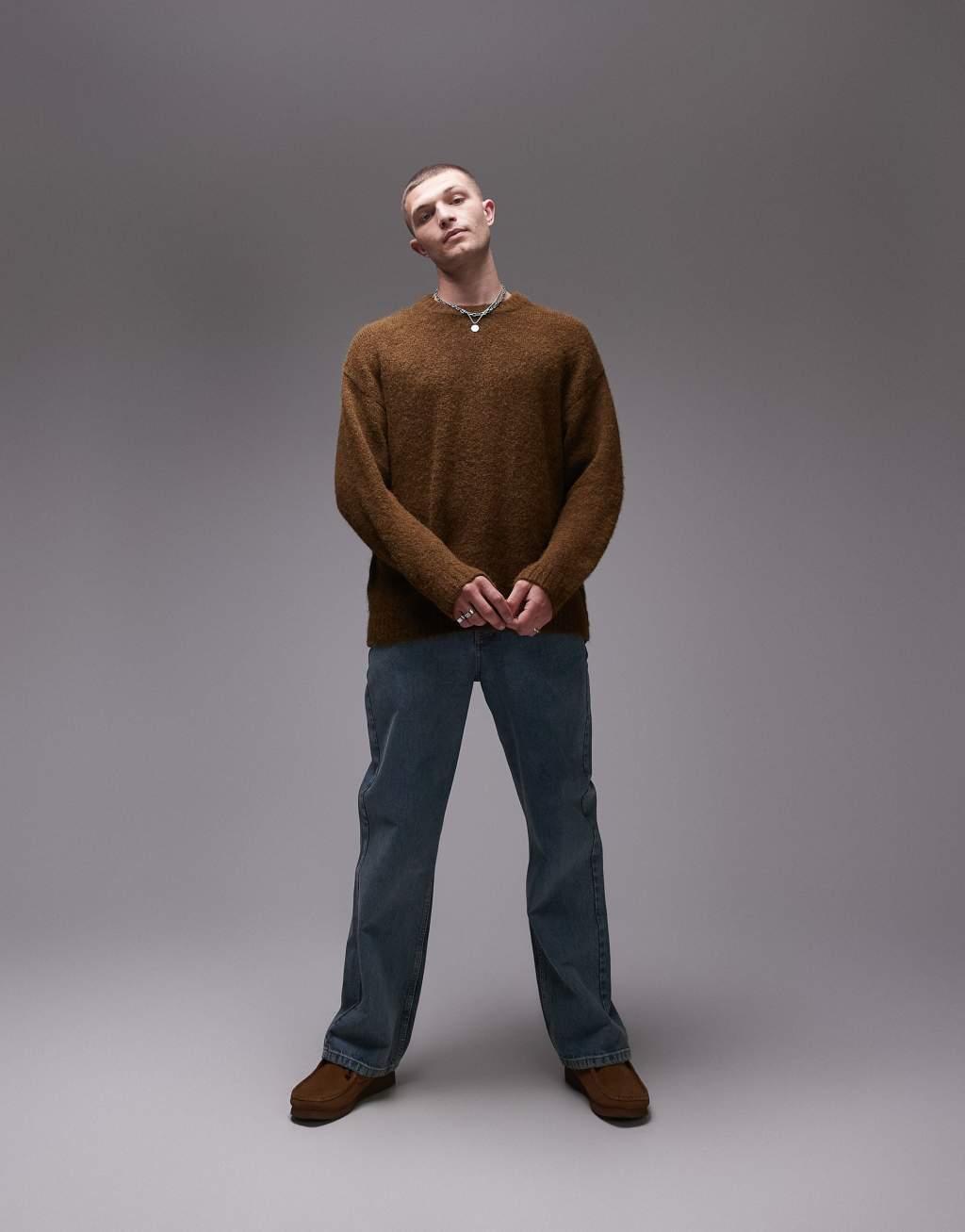 Topman relaxed fit sweater in brown Product Image