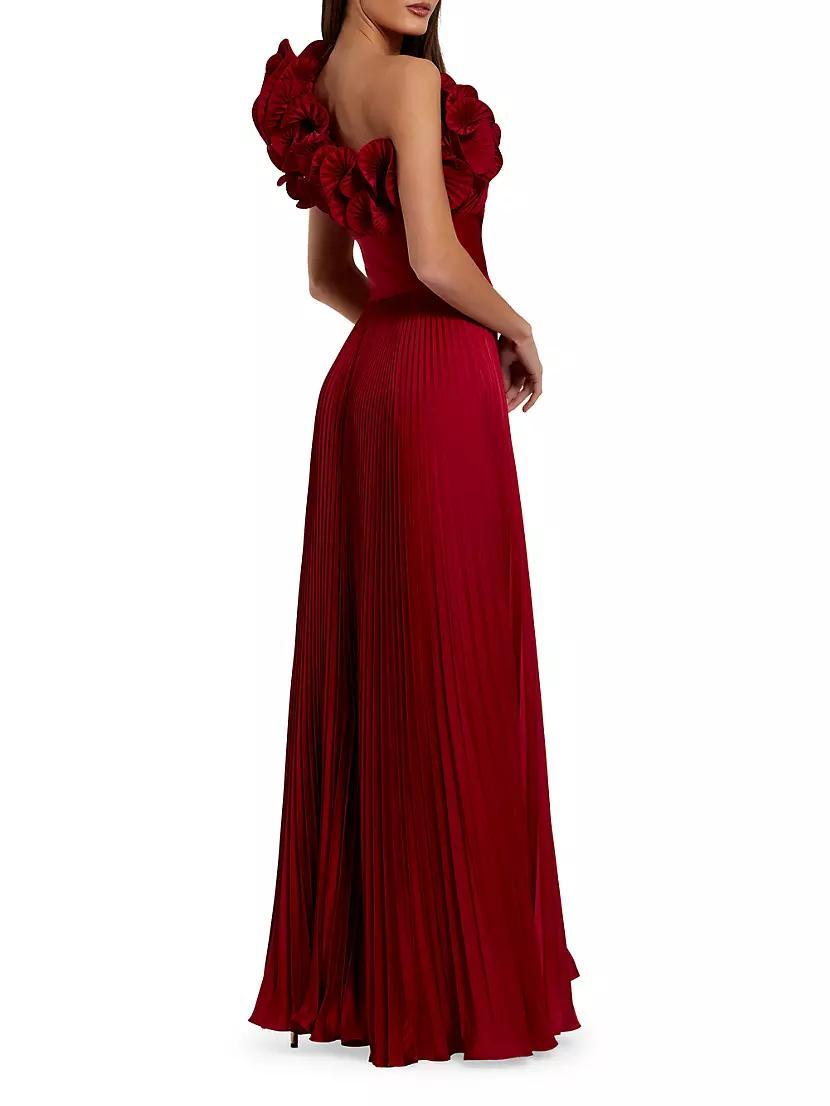 Pleated Charmeuse Ruffle One-Shoulder A-Line Gown Product Image