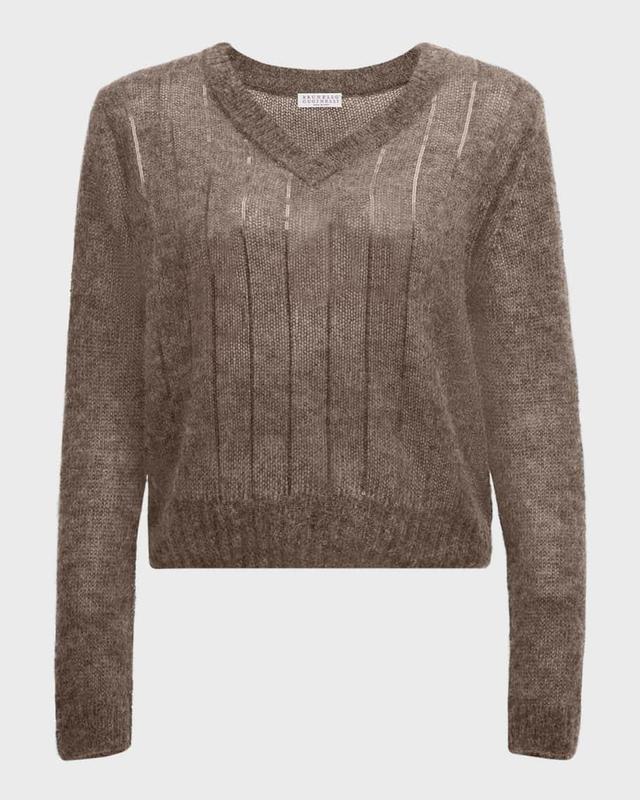 Tonal Sequin Pinstripe V-Neck Mohair Sweater Product Image