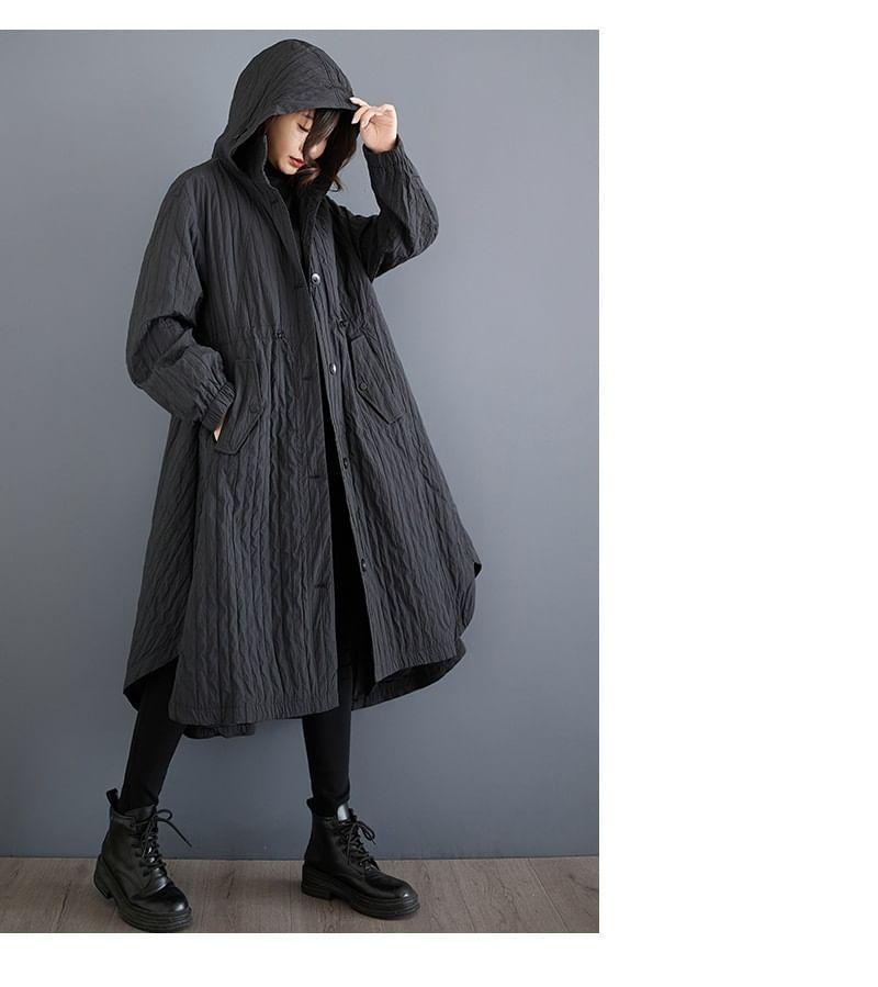 Stand Collar Plain Drawstring-Waist Hood Midi Button Trench Coat Product Image