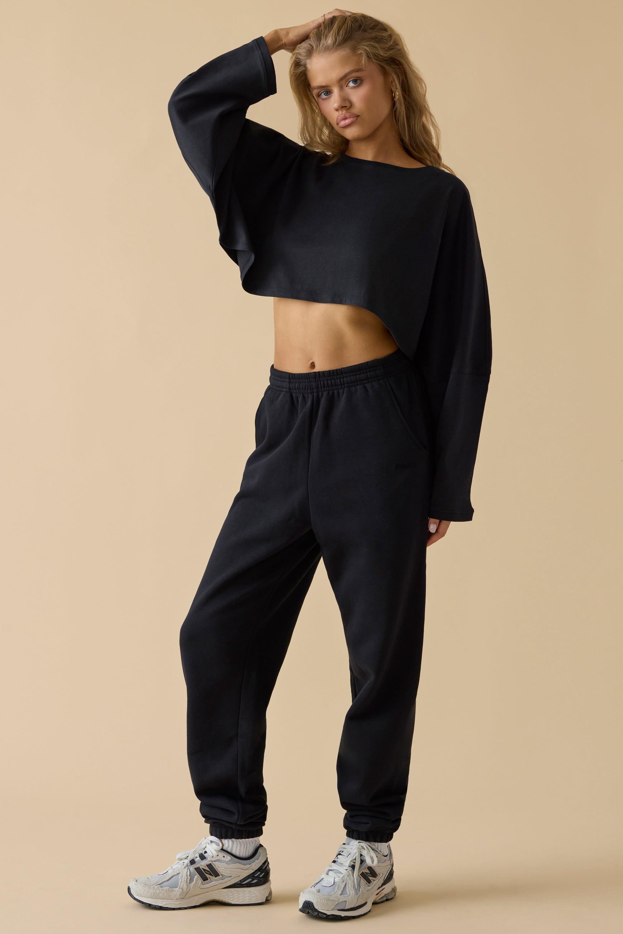 Oversized Long Sleeve Crop Top in Black Product Image