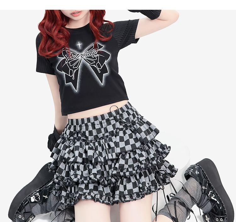 Set: Short-Sleeve Round Neck Bow Print Raglan Crop T-Shirt + Long Gloves Product Image