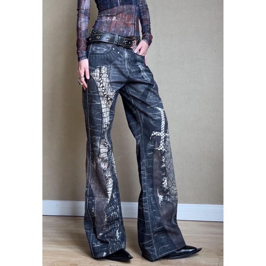 Low Waist Patterned Flared Jeans Product Image