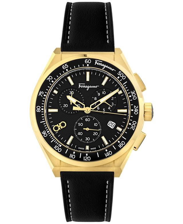 Salvatore Ferragamo Mens Swiss Chronograph Black Leather Strap Watch 43mm - Gold Product Image