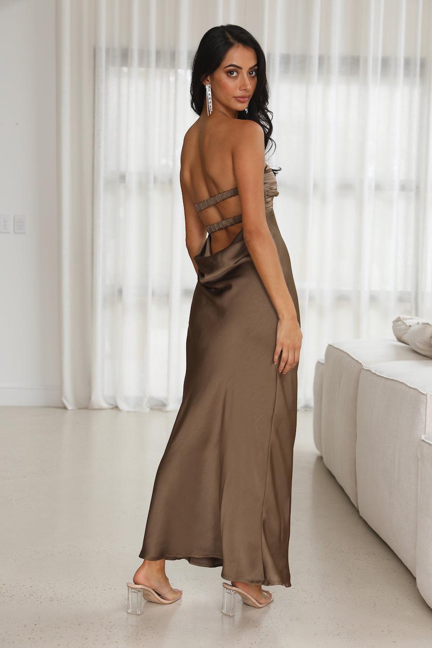 Up And Downs Satin Maxi Dress Brown Product Image