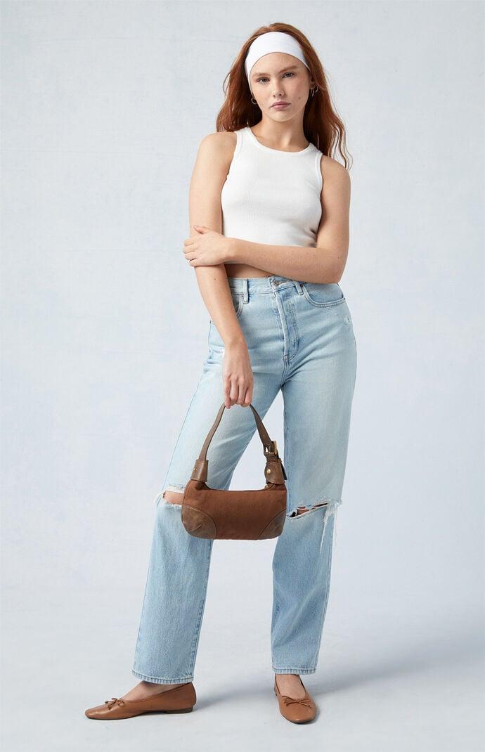 Women's Light Indigo Distressed Dad Jeans Product Image