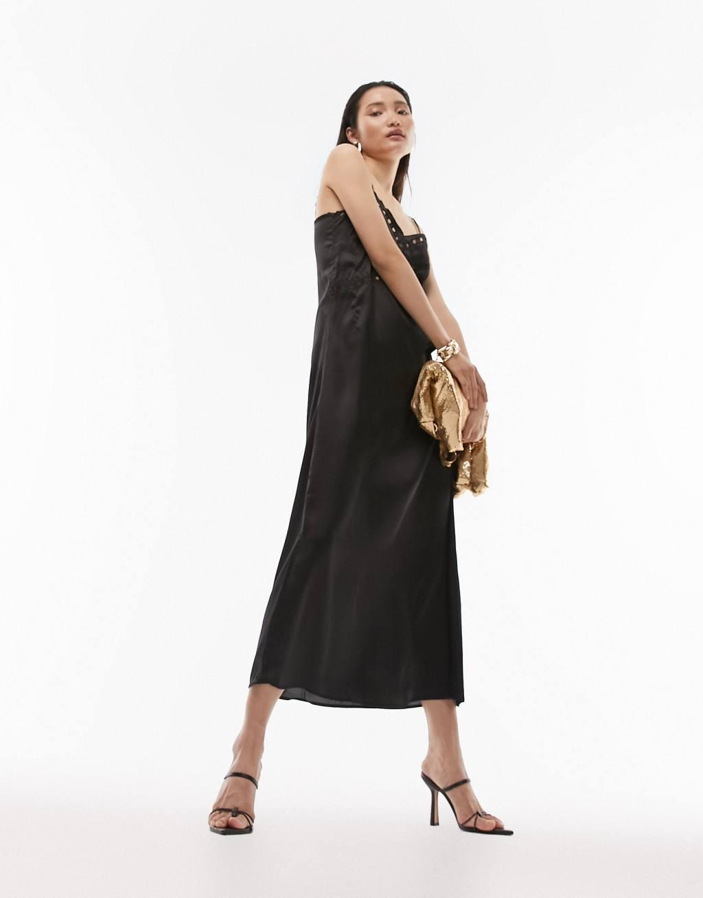 Topshop cami slip dress with cut out detailing in black Product Image