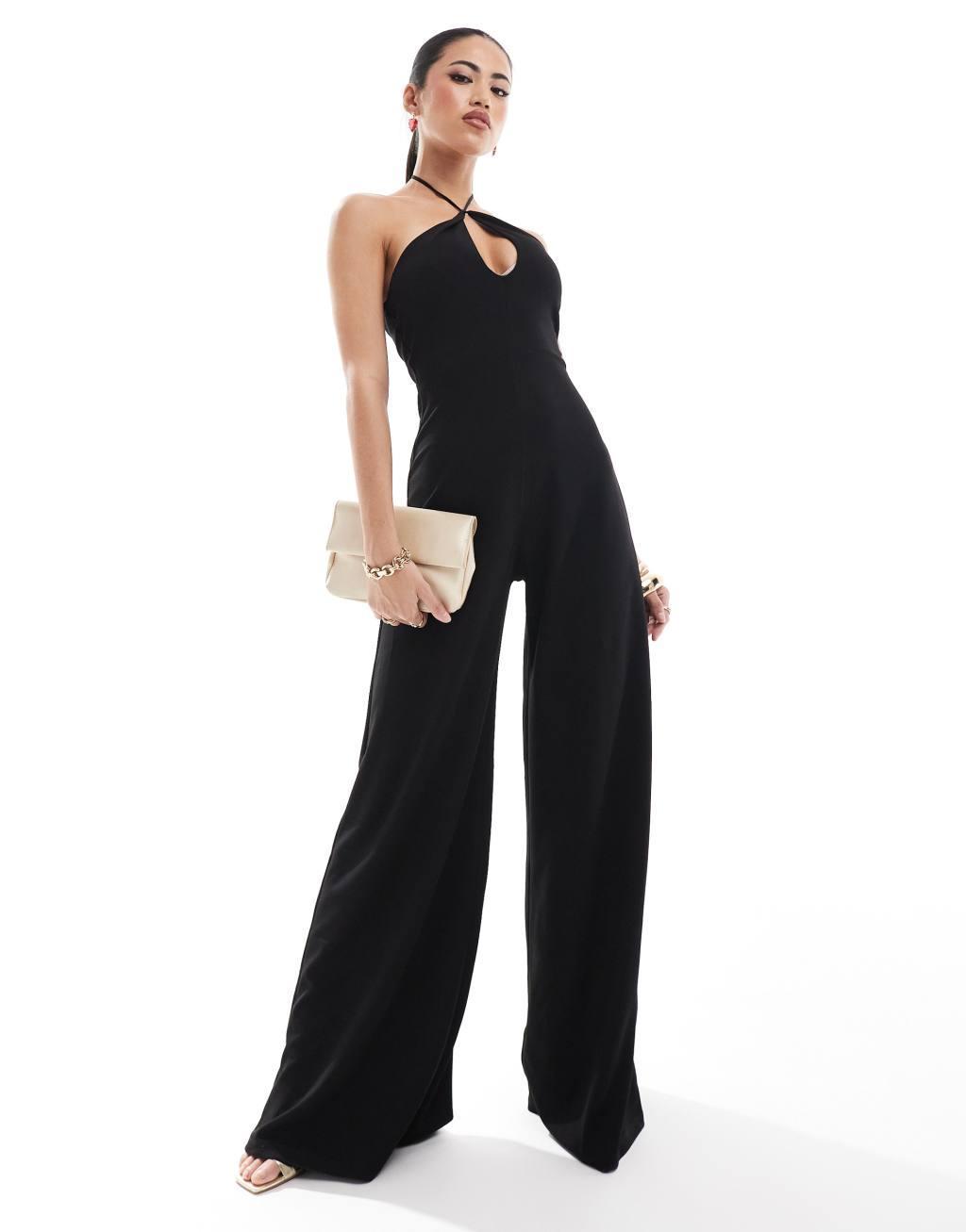 ASOS DESIGN cut-out halter wide leg jumpsuit in black Product Image