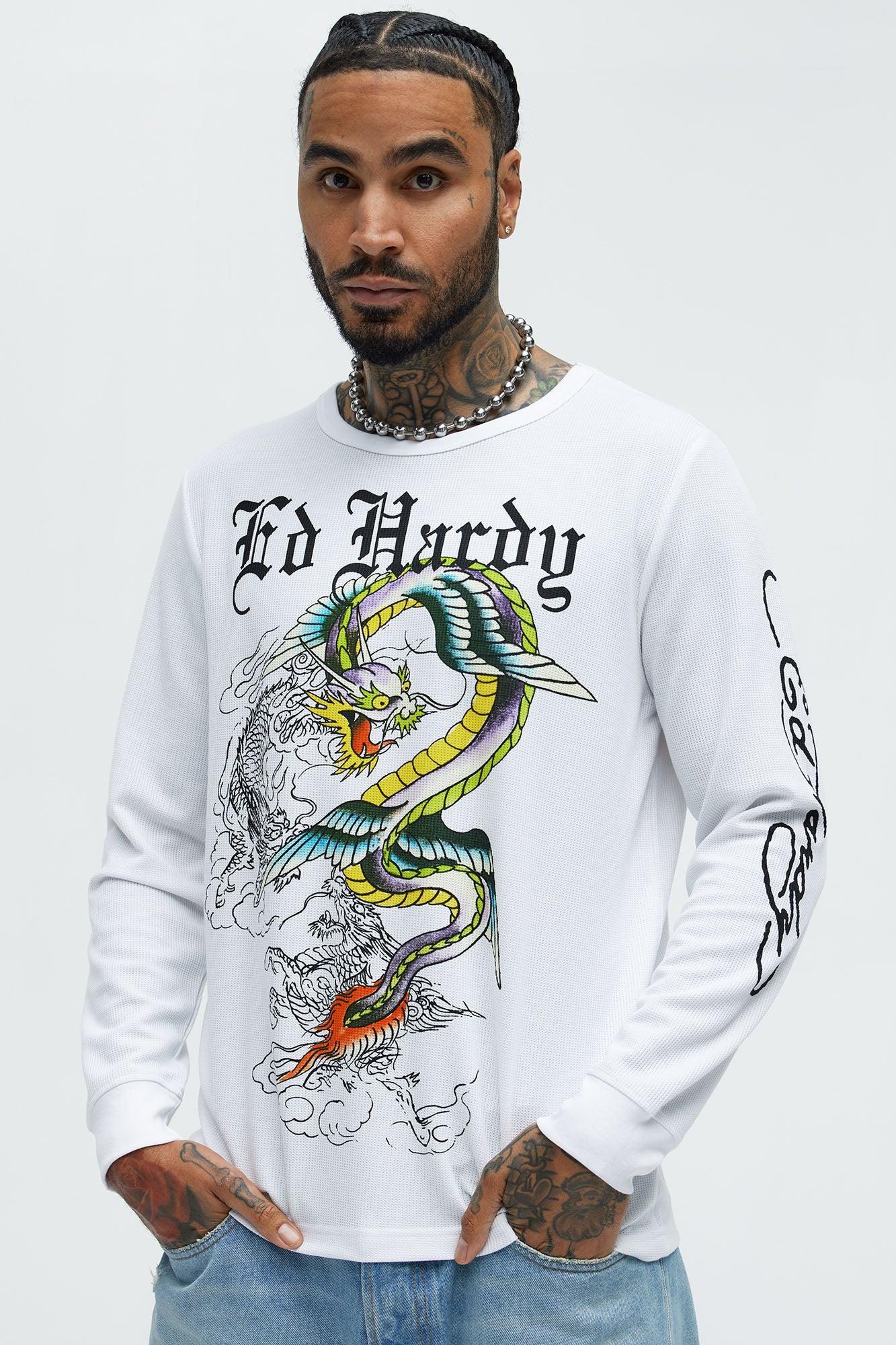 Ed Hardy Dragon Thermal Long Sleeve Tee - White Product Image