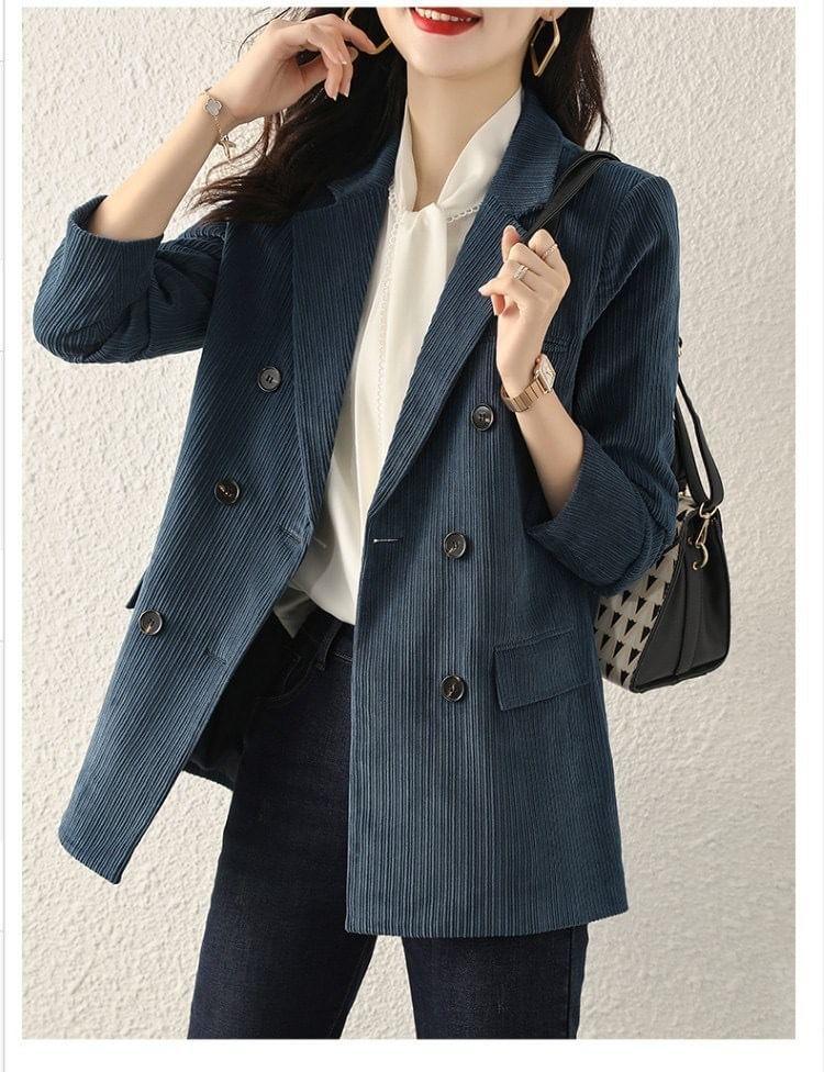 Lapel Collared Corduroy Double-Breasted Long Blazer product image