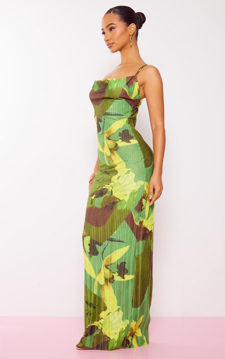 Petite Green Floral Abstract Printed Plisse Cowl Neck Dress Product Image