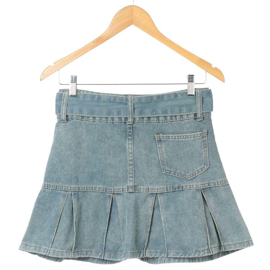 High Rise Belted Denim Mini A-Line  Skirt Product Image