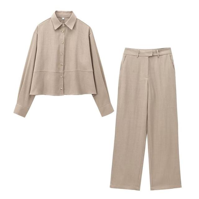 Long Sleeve Collared Plain Panel Shirt / High Rise Wide Leg Slacks Product Image