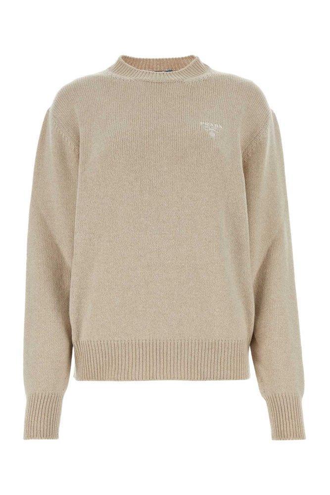 Logo Embroidered Crewneck Knit Jumper In Beige Product Image