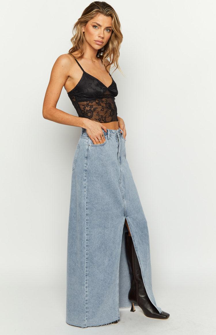 Blinding Lights Blue Denim Front Split Maxi Skirt Product Image