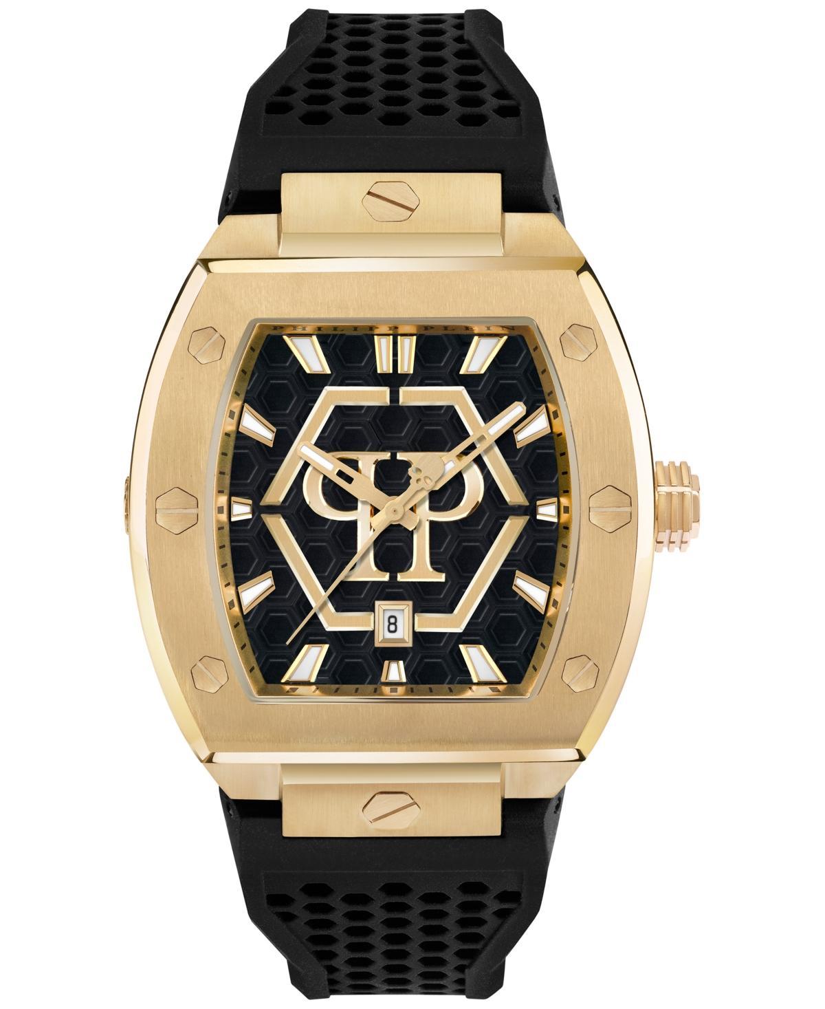 Philipp Plein Mens Hexagon Phantom Black Silicone Strap Watch 44x56mm - Gold Product Image