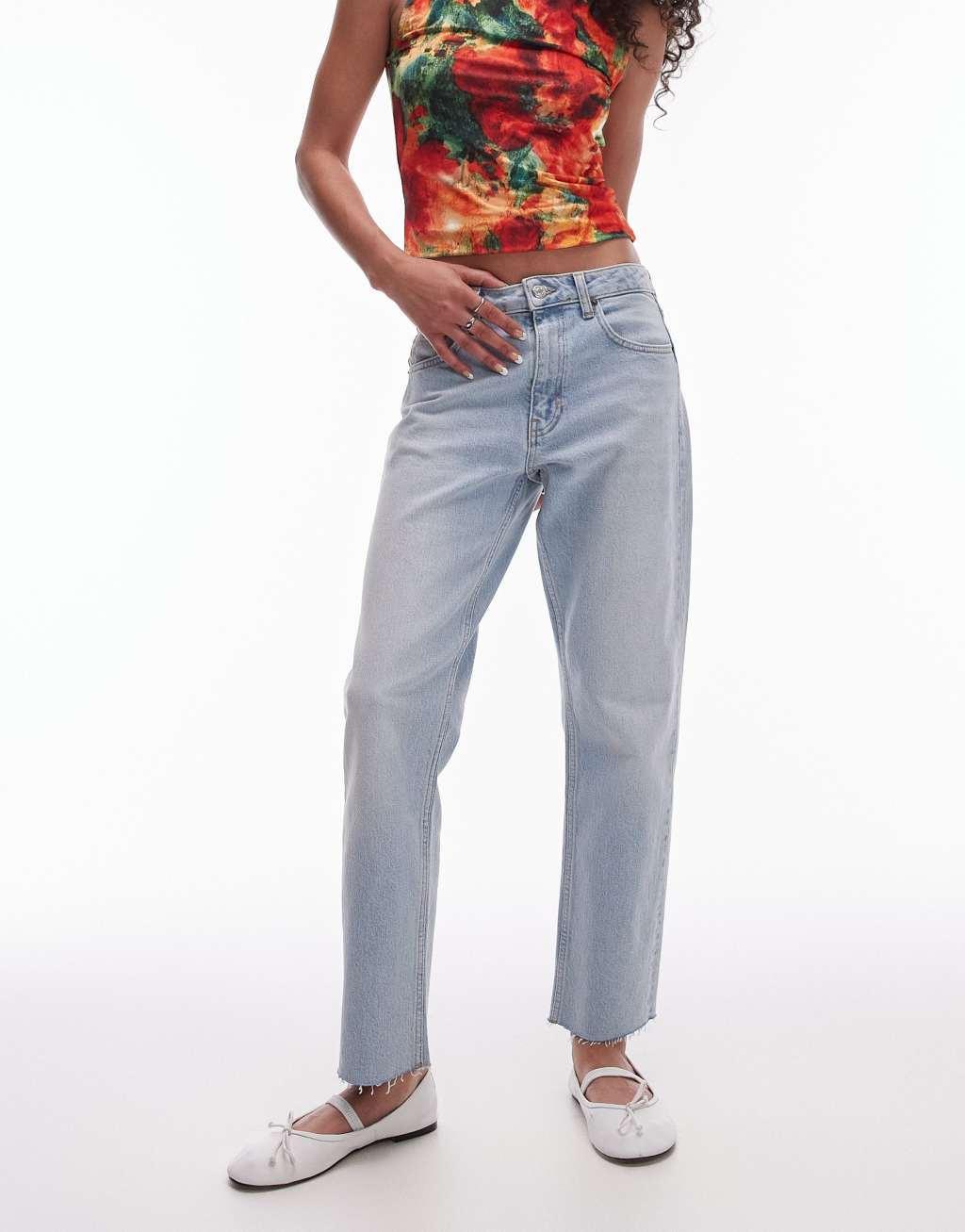 Topshop cropped mid rise straight jeans with raw hems in summer bleach  product image