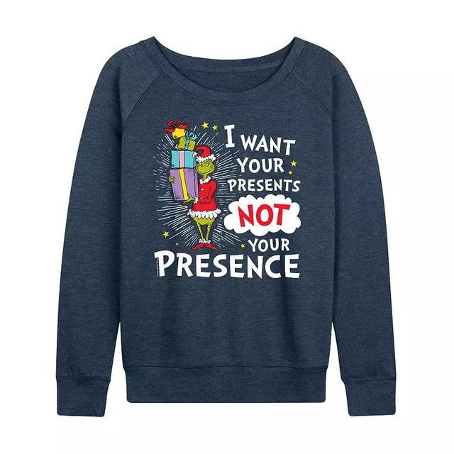 Womens Dr. Seuss The Grinch Presents Not Presence Lightweight French Terry Sweatshirt, Girls Grey Indigo Product Image