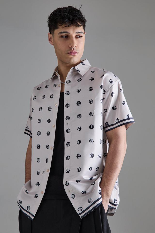 Oversized Short Sleeve Detailed Satin Shirt | boohooMAN USA Product Image