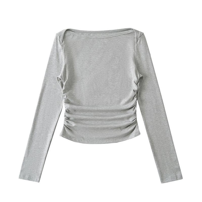 Long Sleeve Boat Neck Plain Ruched T-Shirt Product Image