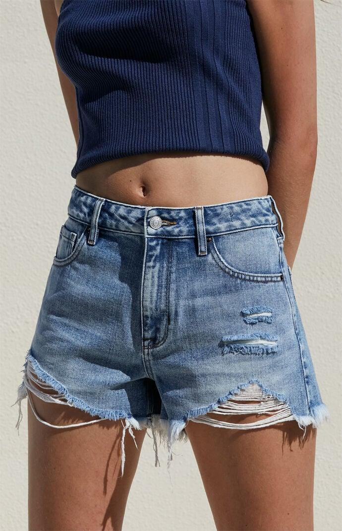 Women's Light Indigo Ripped High Waisted Denim Festival Shorts Product Image