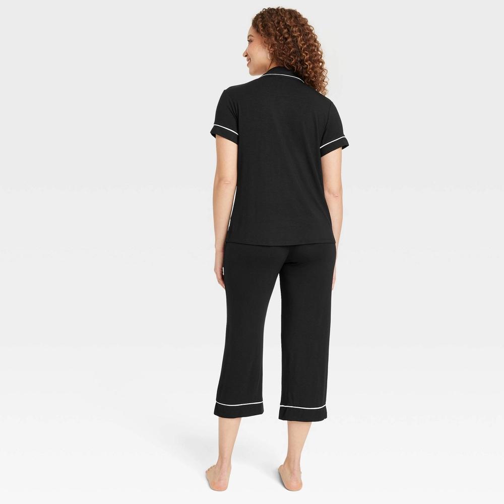 Womens Cloud Knit Short Sleeve Notch Collar Top and Cropped Pants Pajama Set - Auden Black M Product Image