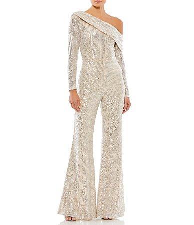 Mac Duggal Asymmetric Off-The-Shoulder Long Sleeve Flare Leg Sequin Jumpsuit Product Image