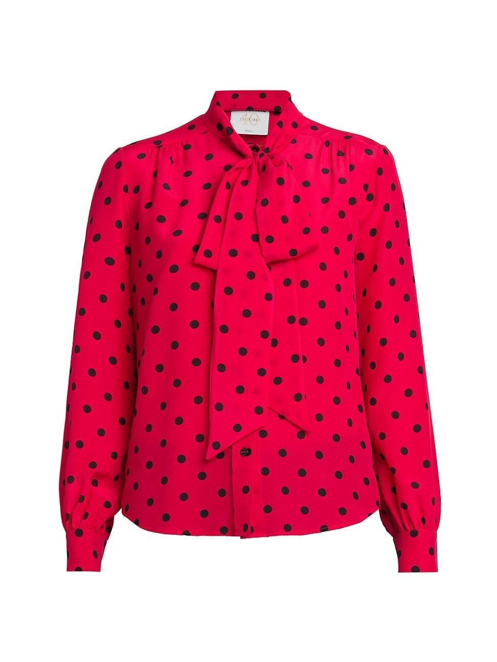 Womens Silk Polka-Dot Tie-Neck Blouse Product Image