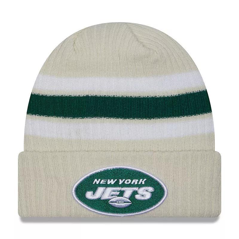 Mens New Era Cream New York Jets Team Stripe Cuffed Knit Hat Product Image