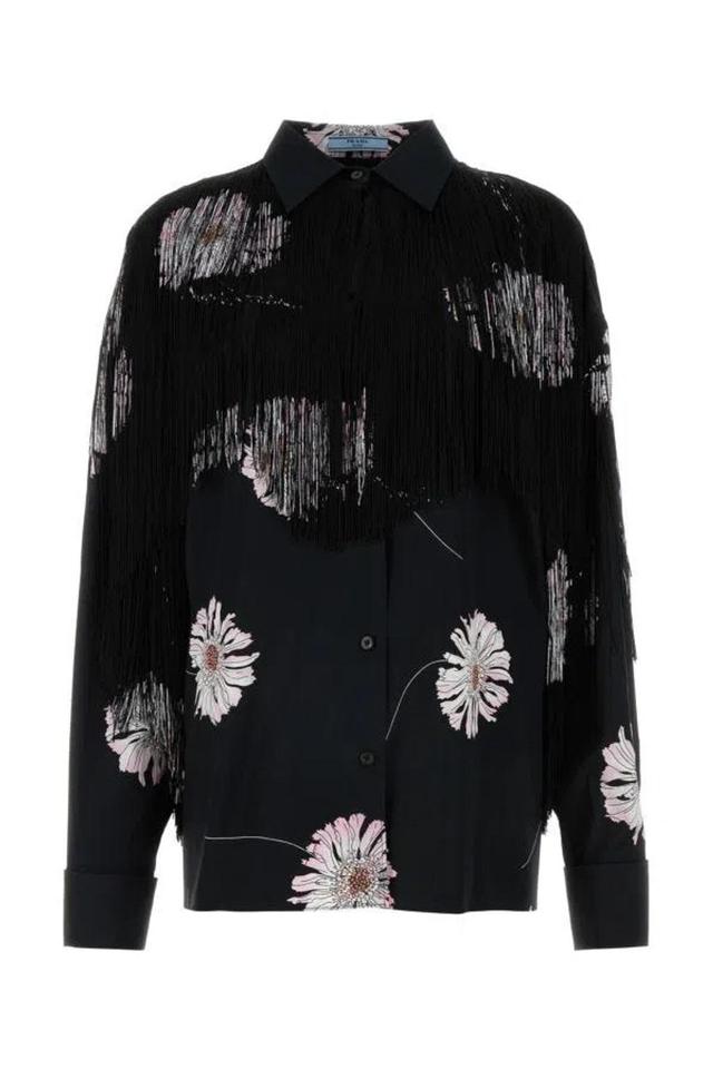 Poplin Shirt With Floral Print And Fringe Detailing In Multicolor Product Image