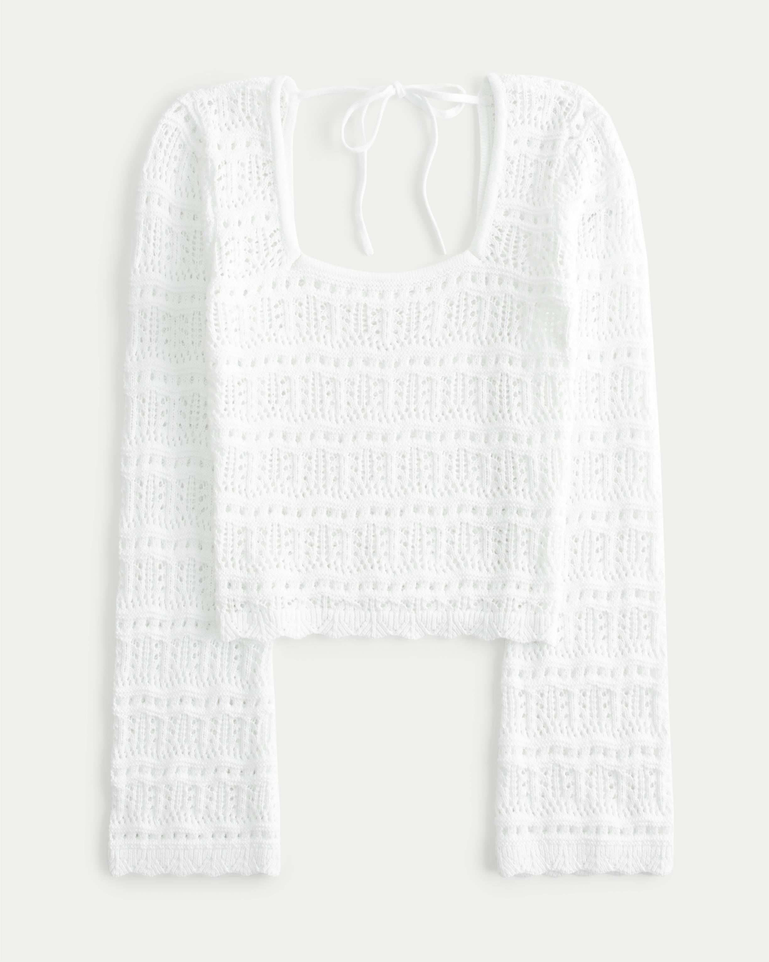 Long-Sleeve Square-Neck Crochet-Style Sweater Product Image