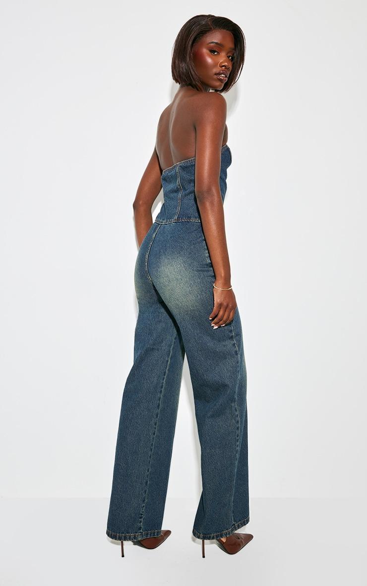 Tall Dark Indigo Bandeau Wide Leg Denim Jumpsuit Product Image