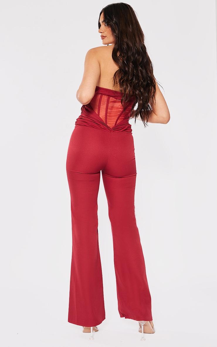 Cherry Red Satin Mesh Corset Panel Strapless Jumpsuit Product Image