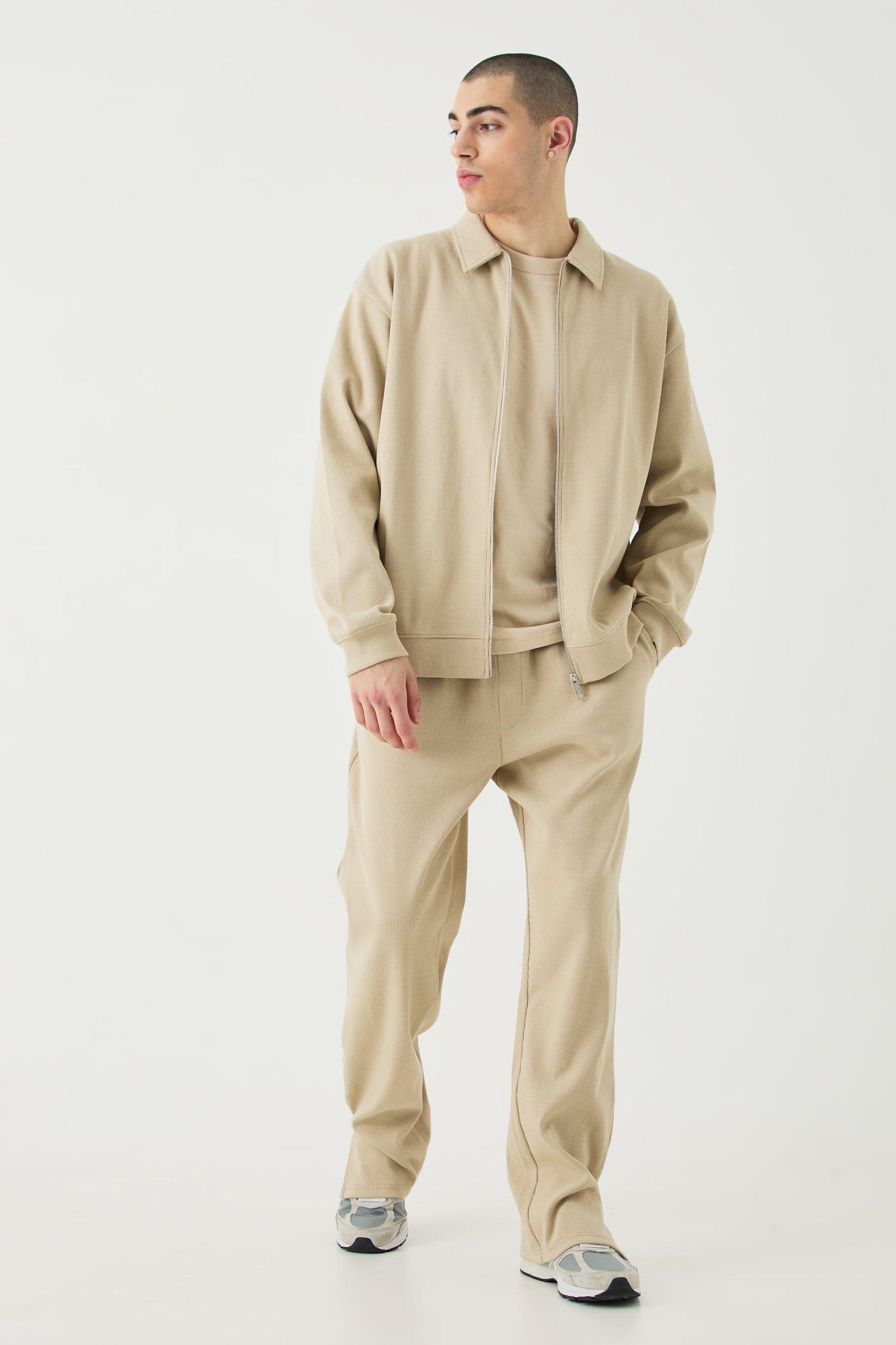 Mens Beige Oversized Boxy Heavyweight Ribbed Harrington Set, Beige Product Image